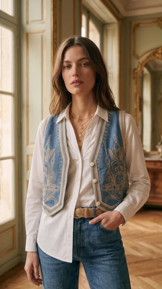 Chaleco Bohemia Bordado Jean - Camel · camisas de mujer · Vitreaux Boutique