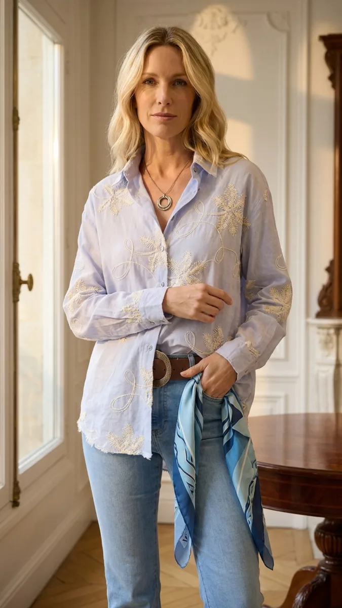 Camisa Flor Bordada - Celeste · camisas de mujer · Vitreaux Boutique